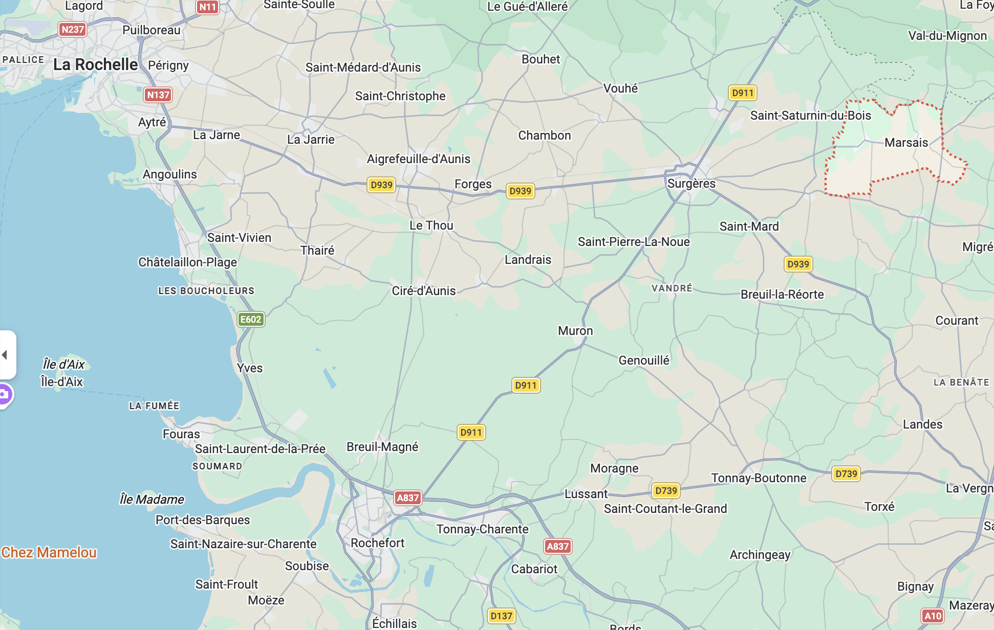 Kaart met de locatie van Marsais, tussen Surgères en Loulay